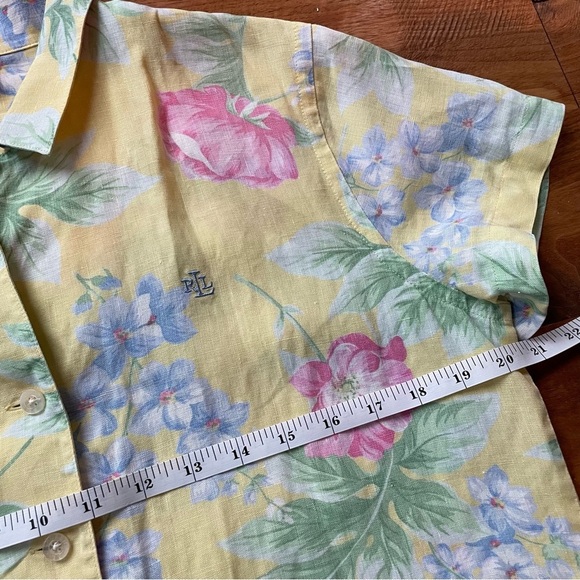 Lauren Ralph Lauren Butter Yellow Tropical Floral Linen Short Sleeve Shirt - Picture 9 of 11